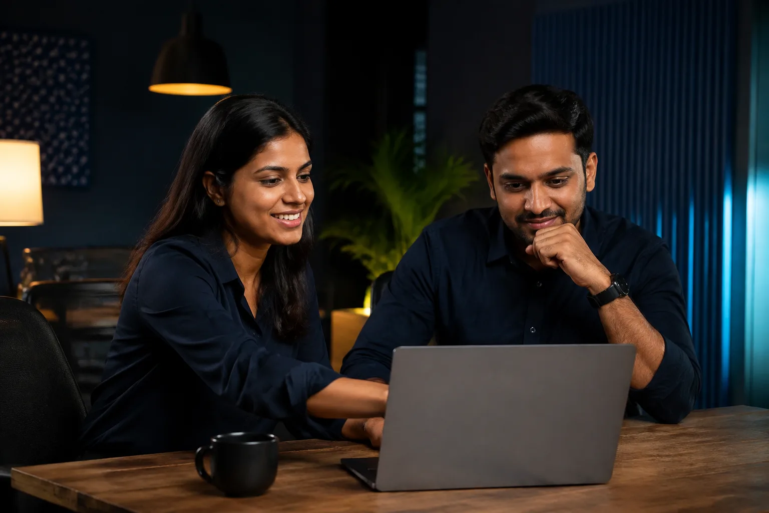 Two colleagues discussing a workflow, with people in control of technology